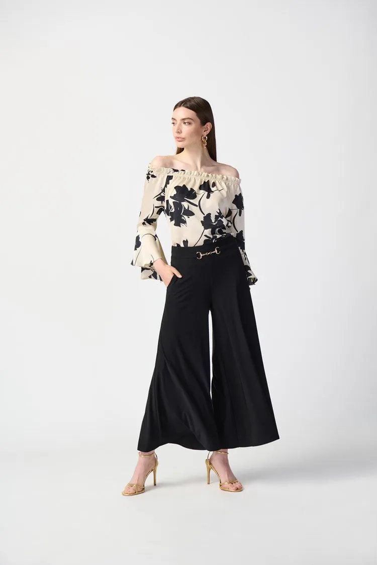Joseph Ribkoff Floral Satin Off The Shoulder Top 241022 - Beige/Black