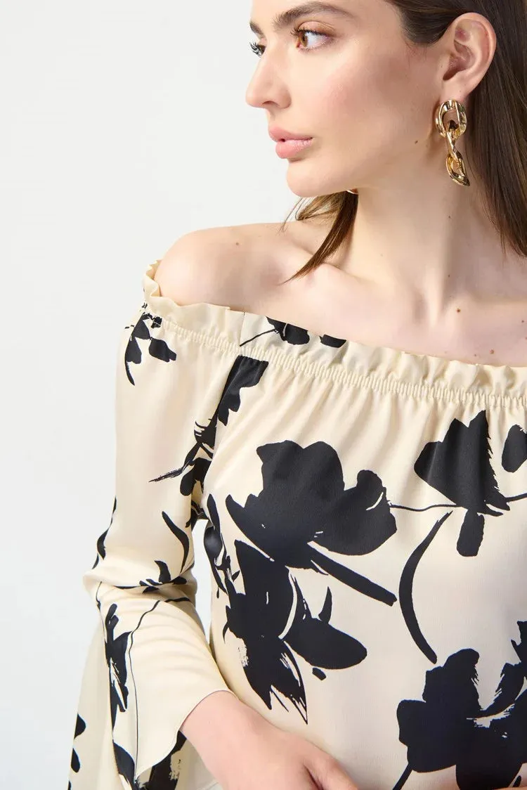 Joseph Ribkoff Floral Satin Off The Shoulder Top 241022 - Beige/Black