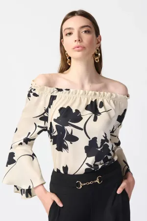 Joseph Ribkoff Floral Satin Off The Shoulder Top 241022 - Beige/Black