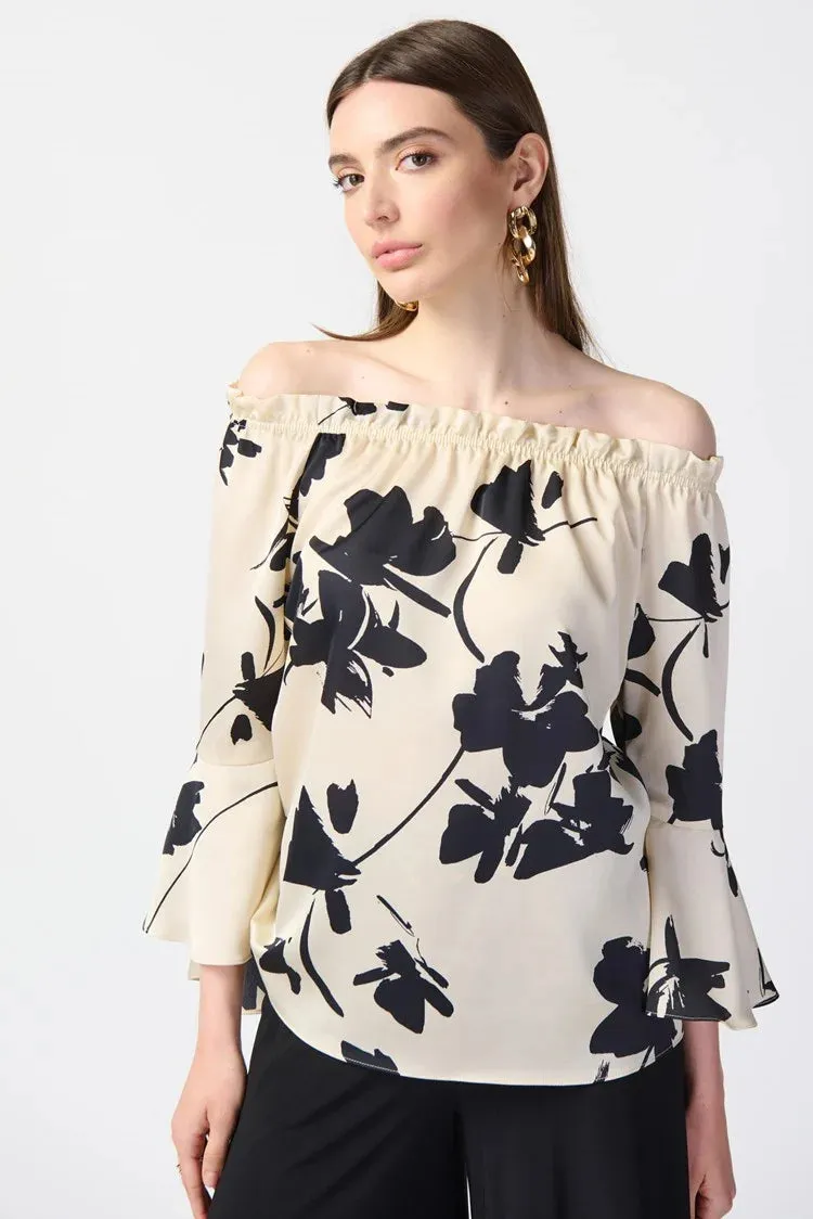 Joseph Ribkoff Floral Satin Off The Shoulder Top 241022 - Beige/Black