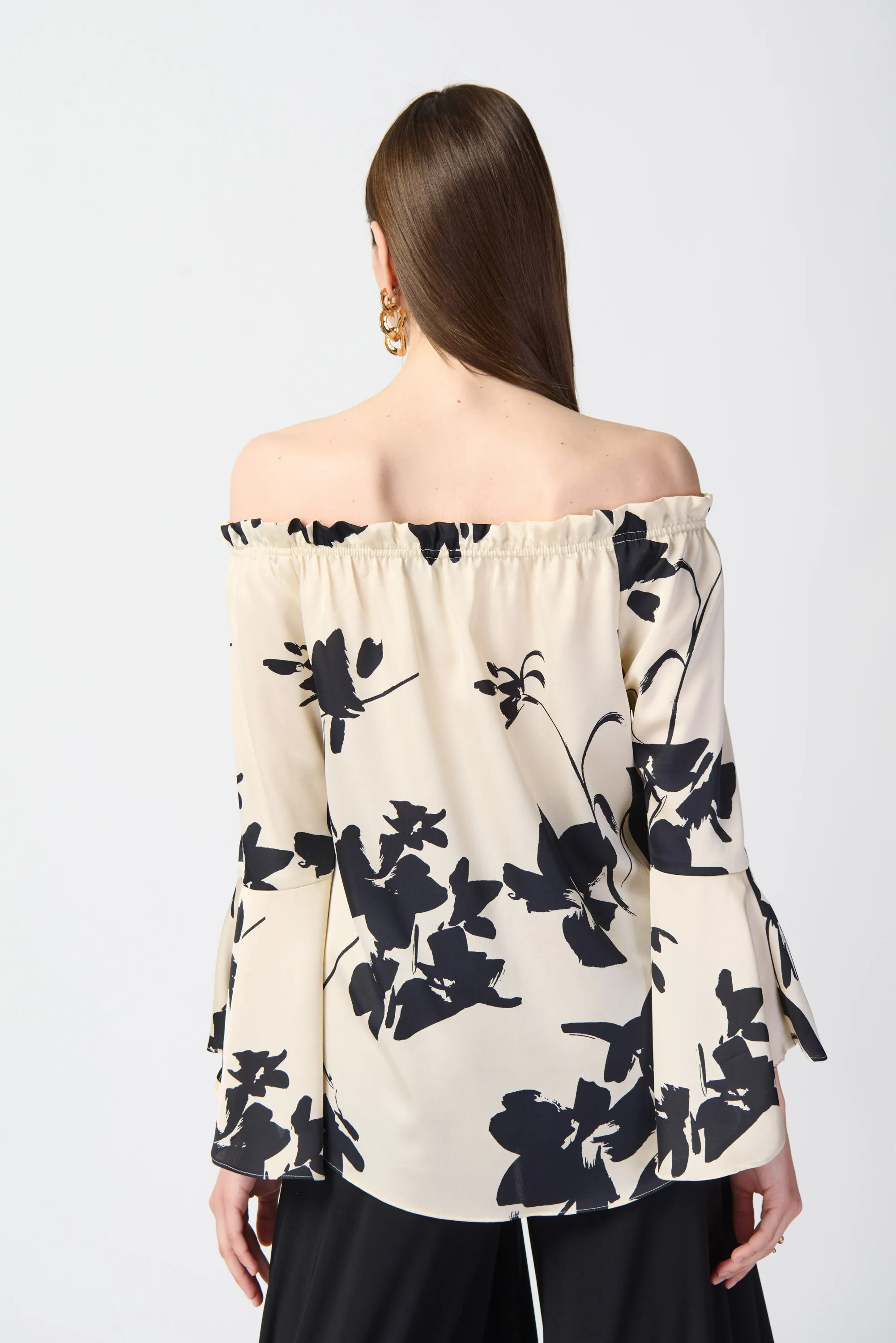 Joseph Ribkoff Floral Satin Off The Shoulder Top 241022 - Beige/Black
