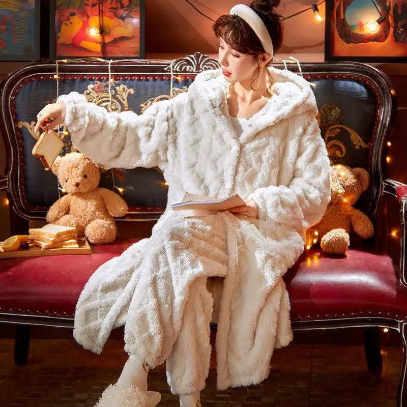 Long Flannel Robe Bathrobe Loungewear Set