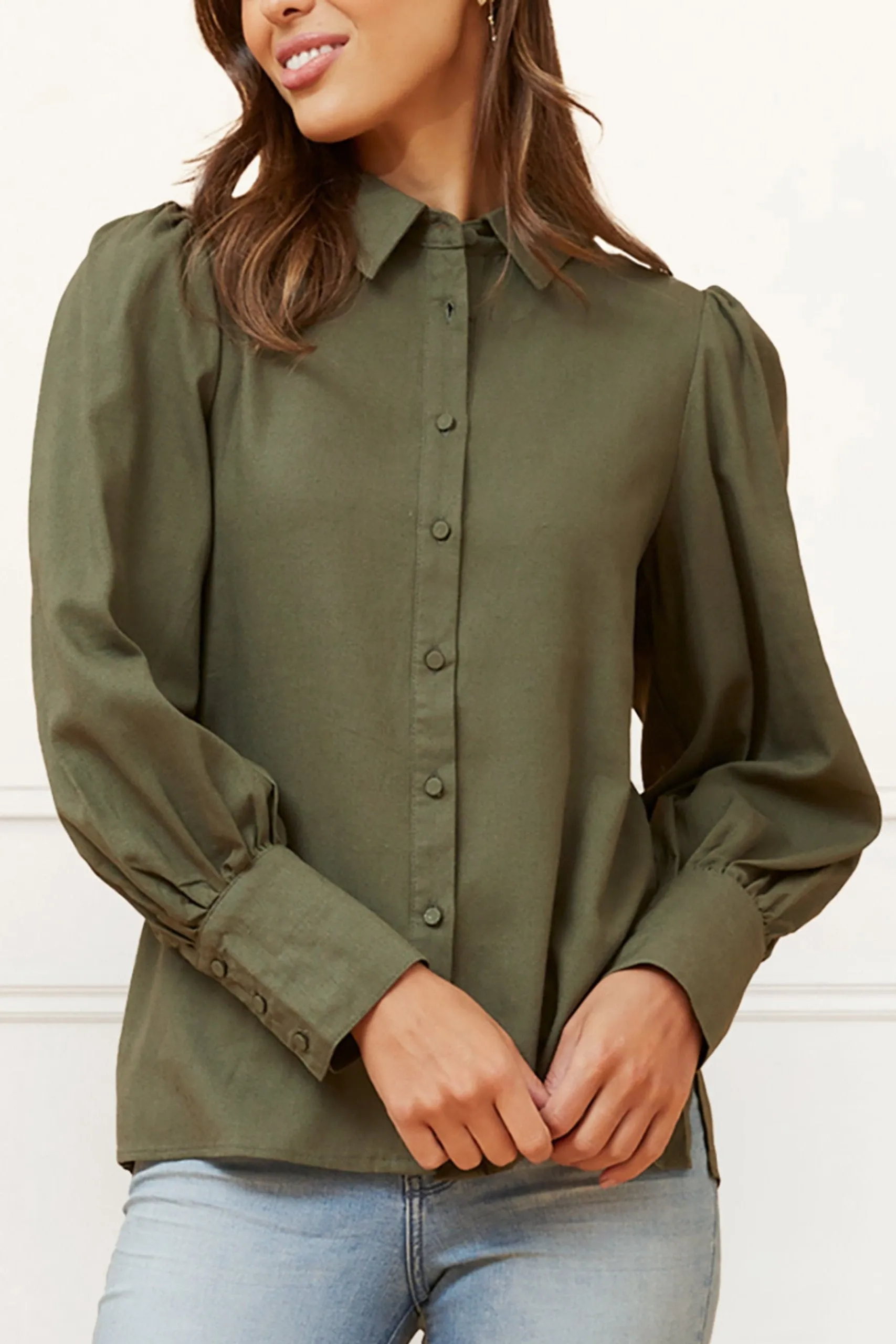 Maxine Button-Up Shirt Long Sleeve Puff Cuffs Classic Elegant