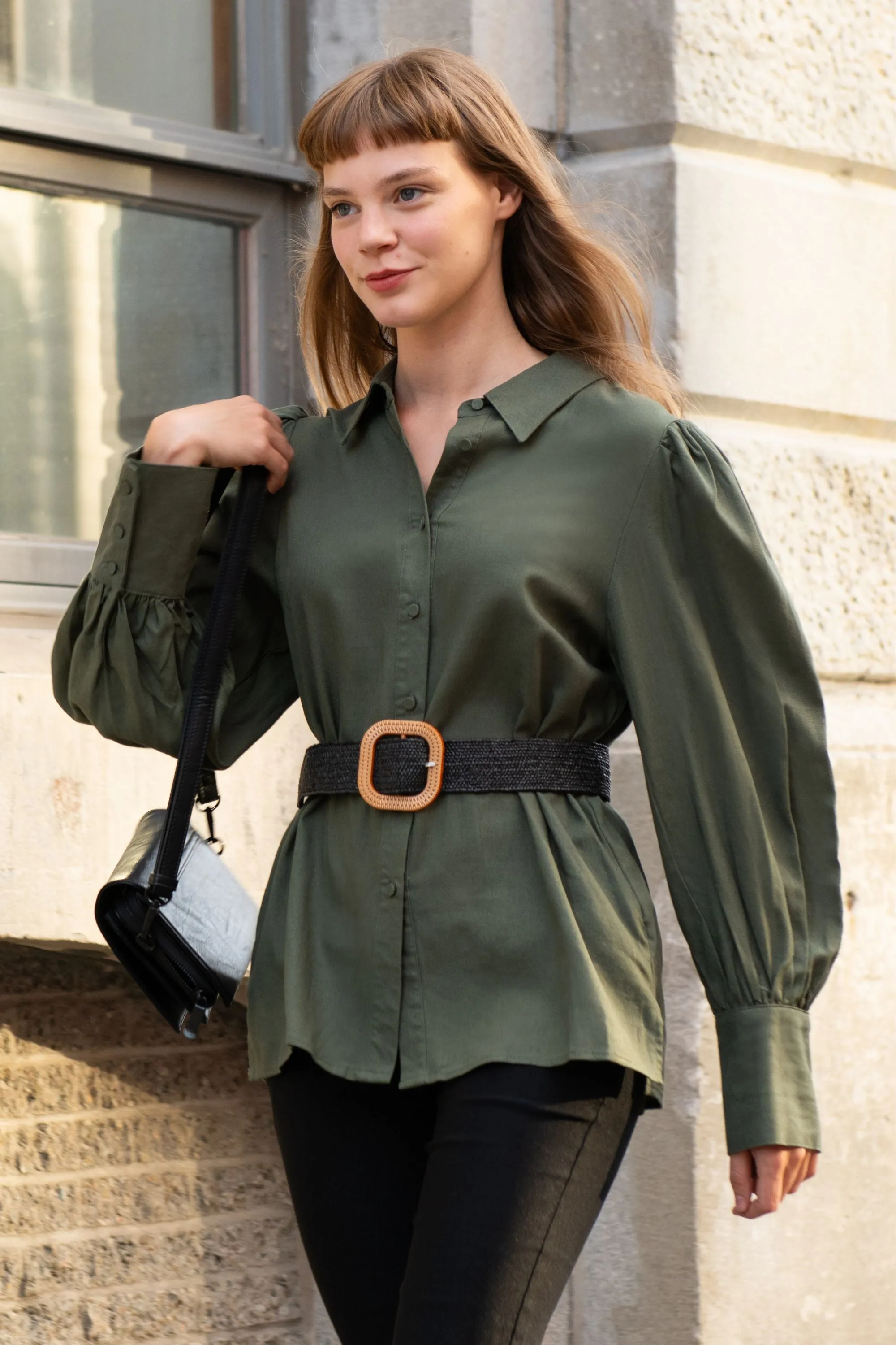 Maxine Button-Up Shirt Long Sleeve Puff Cuffs Classic Elegant