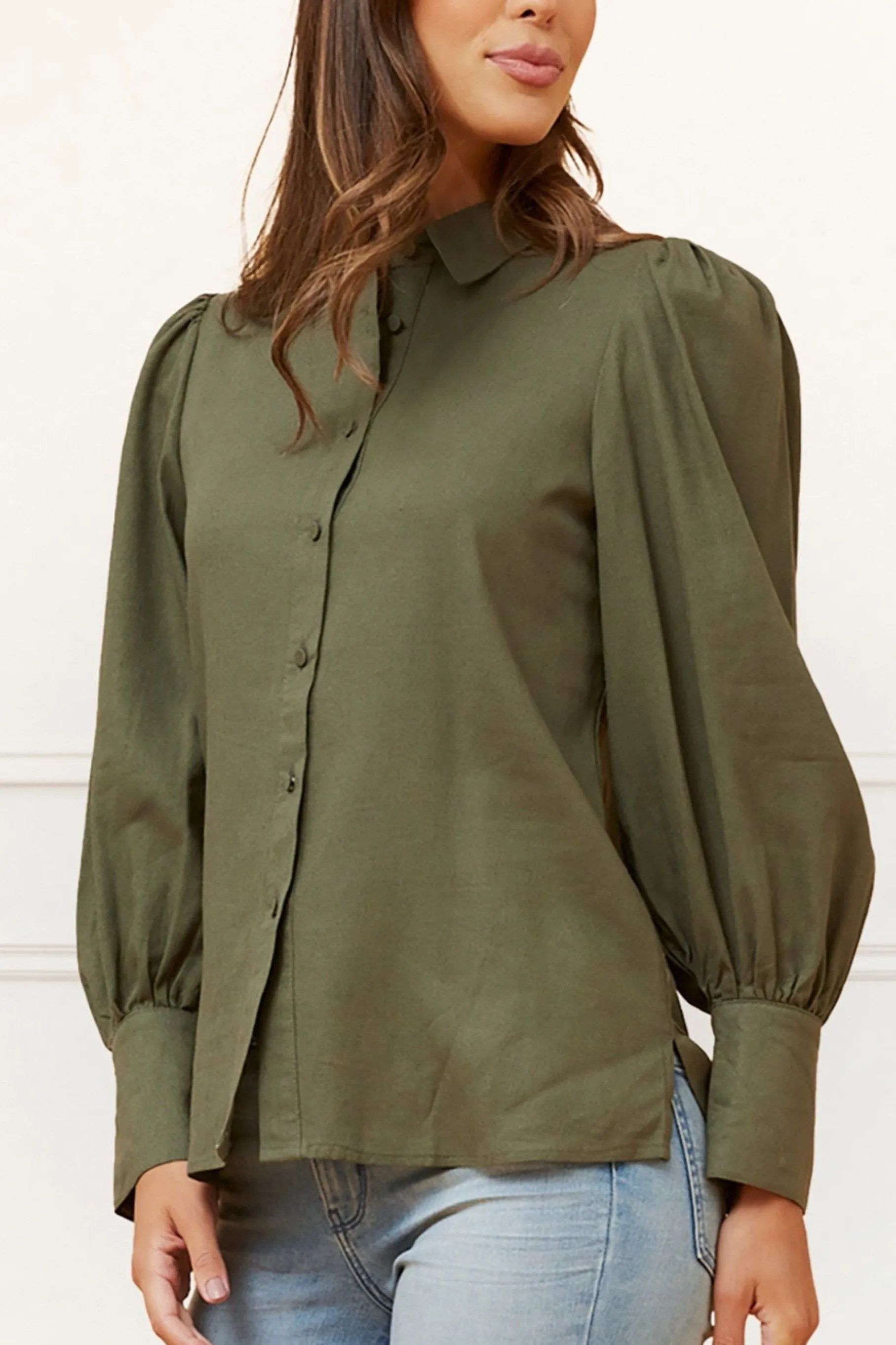 Maxine Button-Up Shirt Long Sleeve Puff Cuffs Classic Elegant