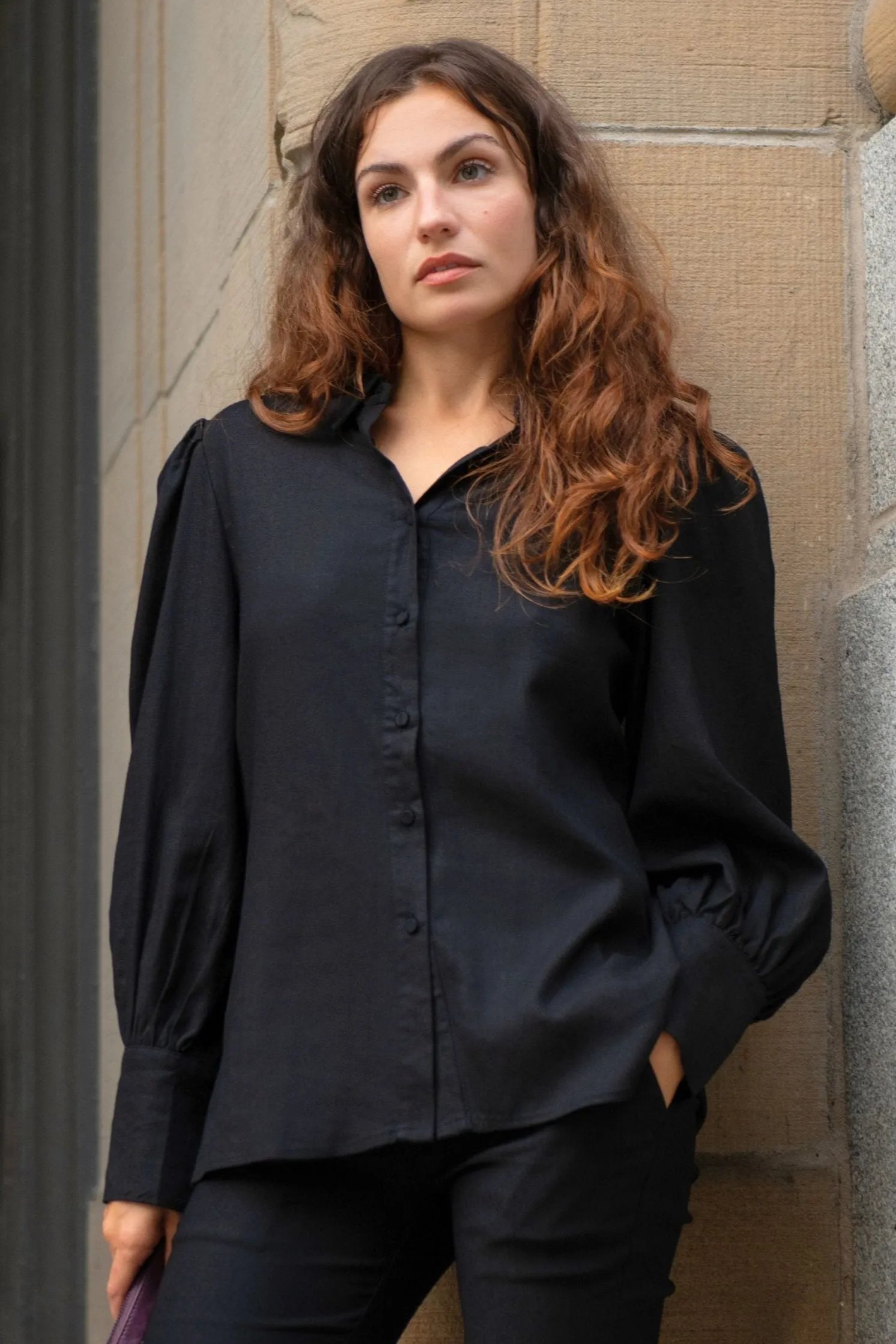 Maxine Button-Up Shirt Long Sleeve Puff Cuffs Classic Elegant