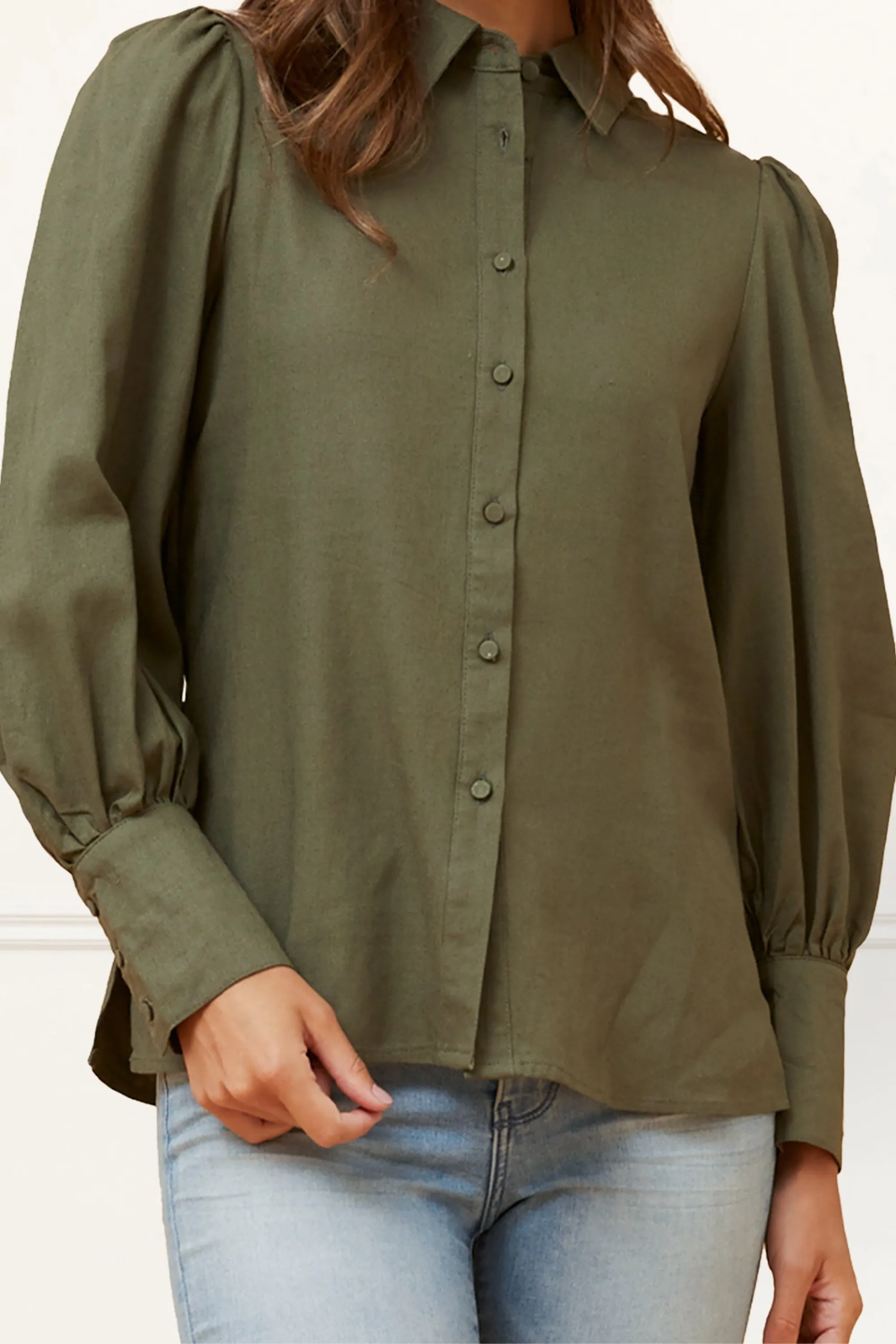 Maxine Button-Up Shirt Long Sleeve Puff Cuffs Classic Elegant