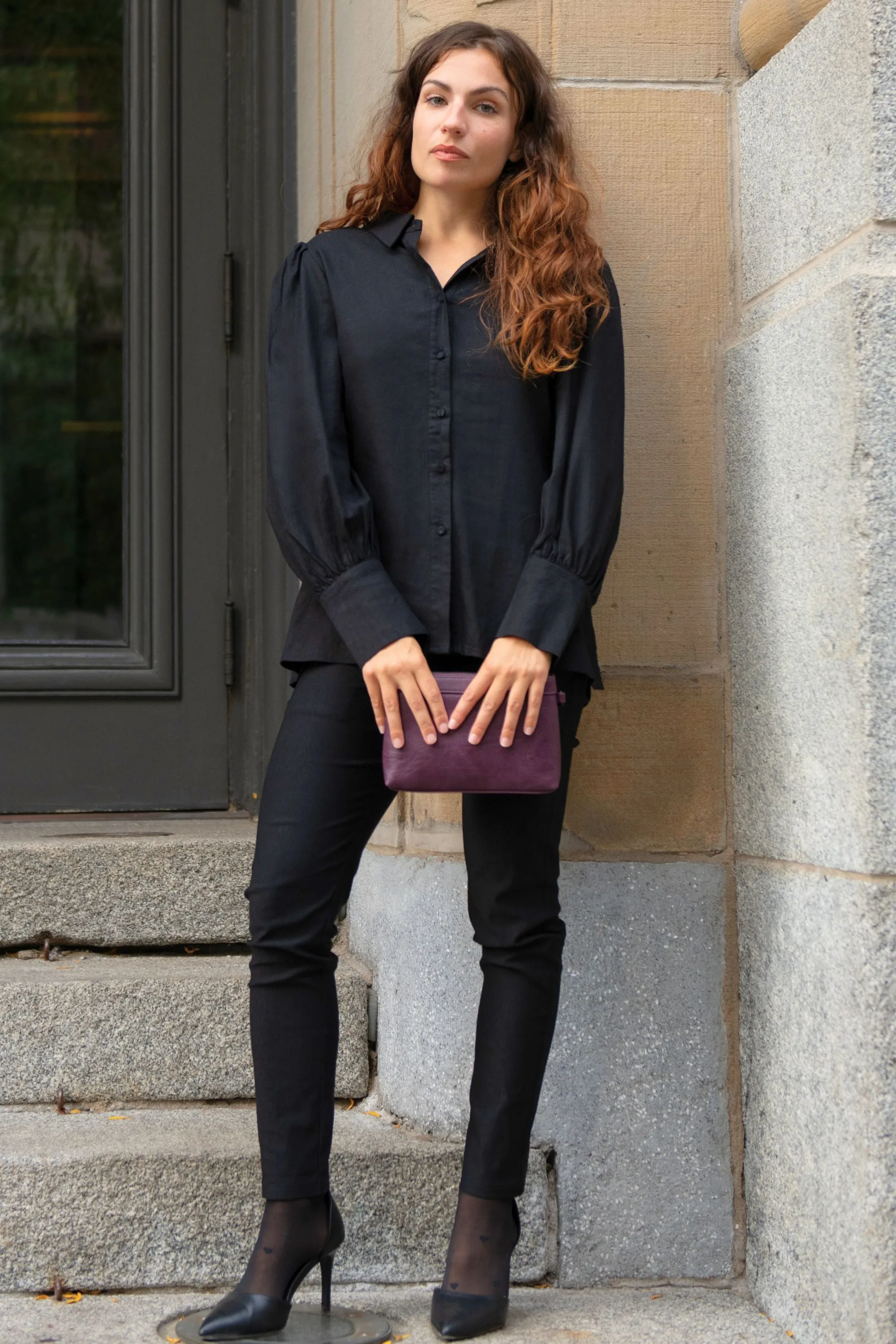 Maxine Button-Up Shirt Long Sleeve Puff Cuffs Classic Elegant