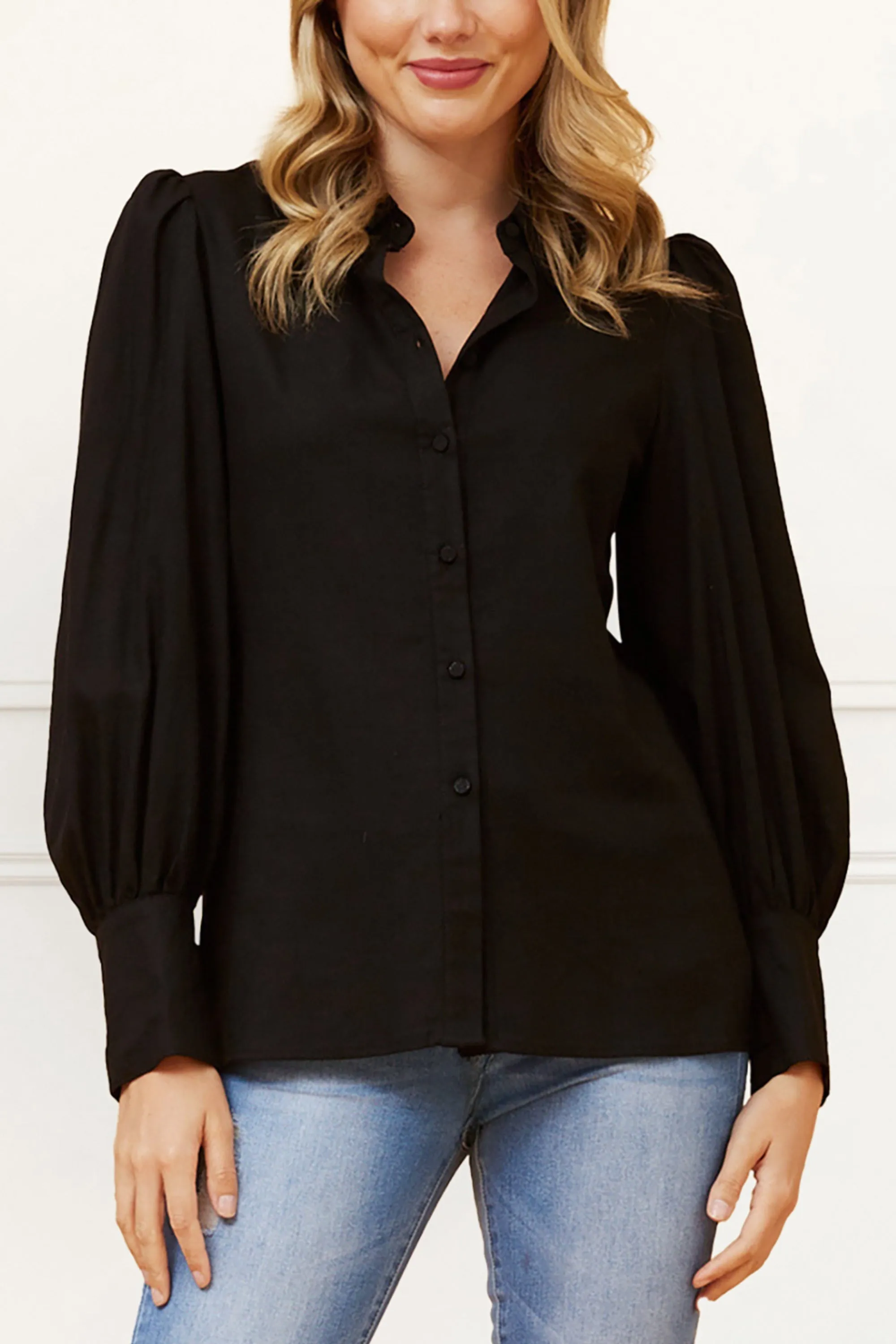 Maxine Button-Up Shirt Long Sleeve Puff Cuffs Classic Elegant
