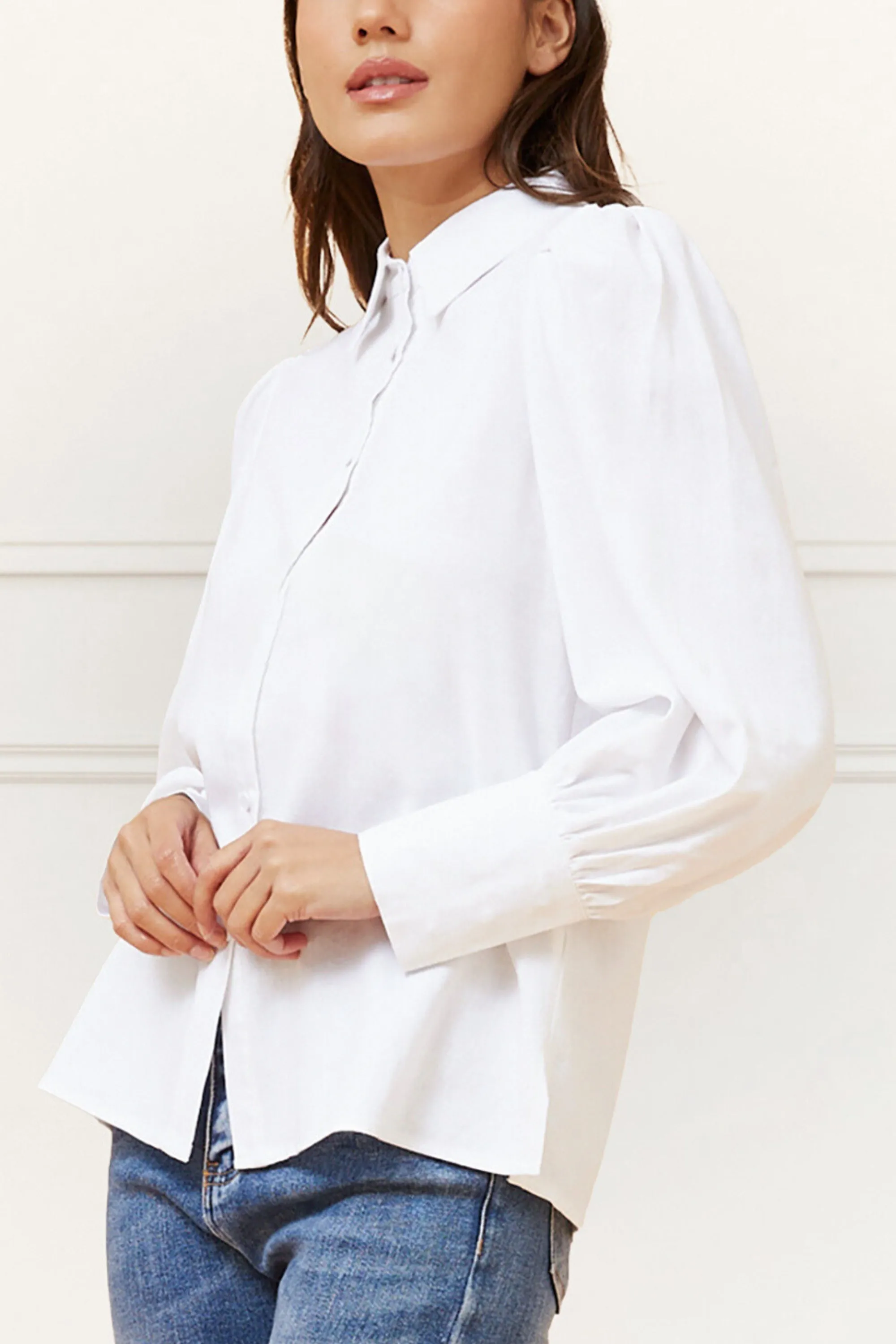 Maxine Button-Up Shirt Long Sleeve Puff Cuffs Classic Elegant