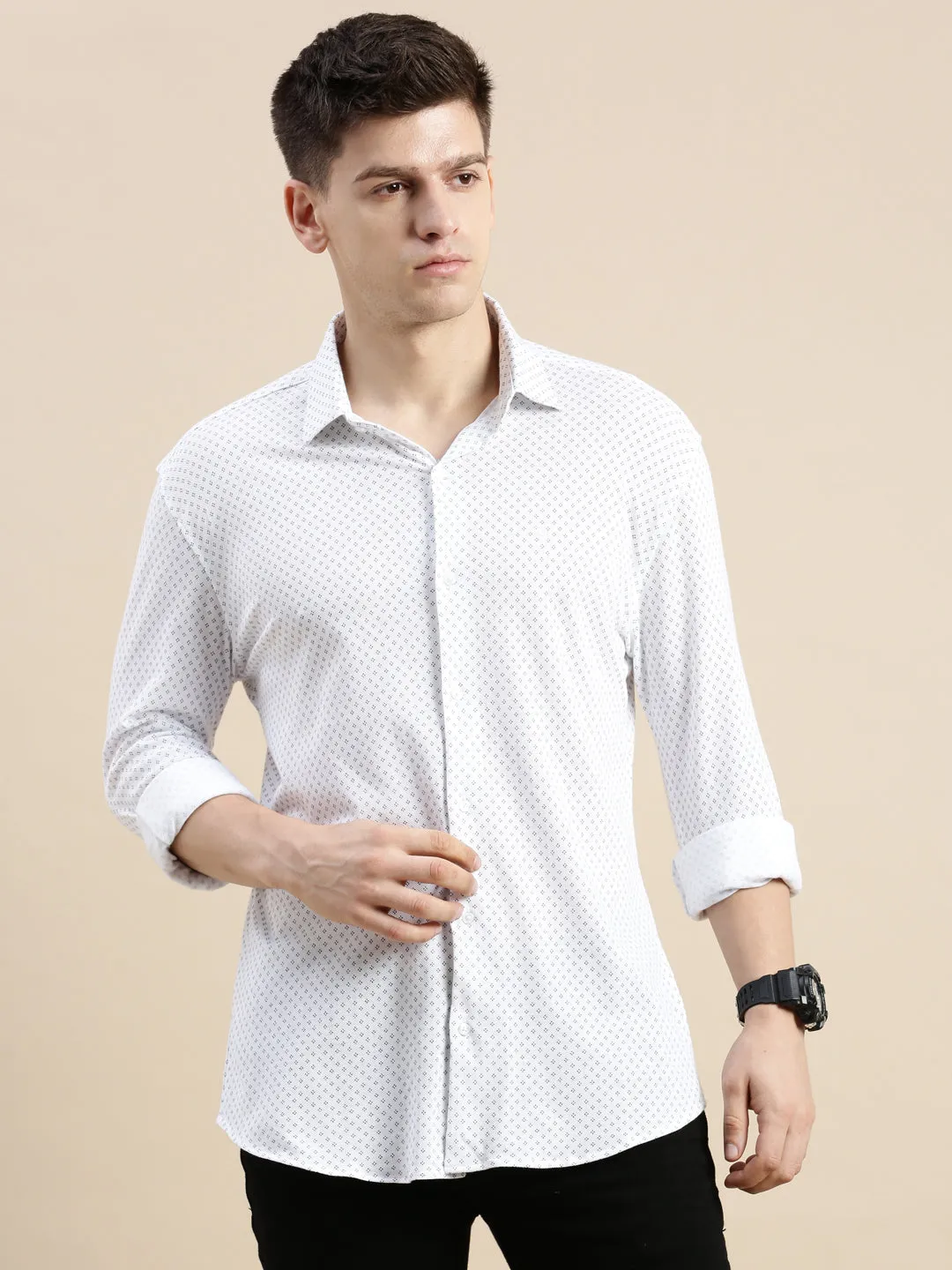 Men Off White Comfort Slim Fit Micro Ditsy Printed Cotton Casual Shirt