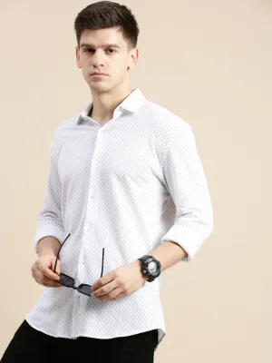 Men Off White Comfort Slim Fit Micro Ditsy Printed Cotton Casual Shirt