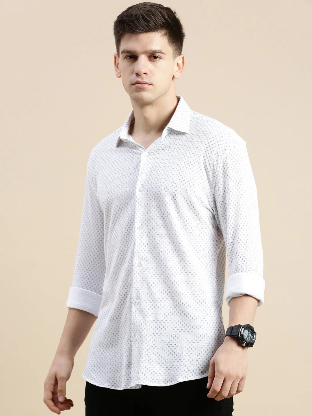 Men Off White Comfort Slim Fit Micro Ditsy Printed Cotton Casual Shirt