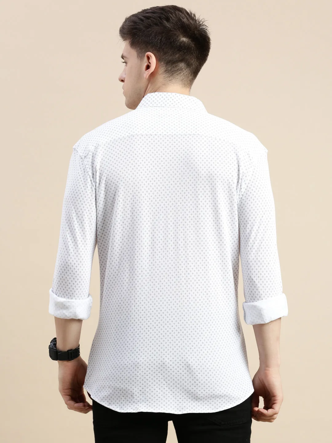 Men Off White Comfort Slim Fit Micro Ditsy Printed Cotton Casual Shirt