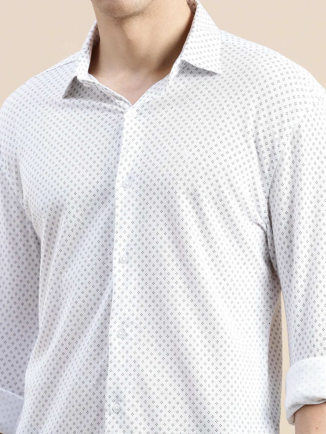 Men Off White Comfort Slim Fit Micro Ditsy Printed Cotton Casual Shirt
