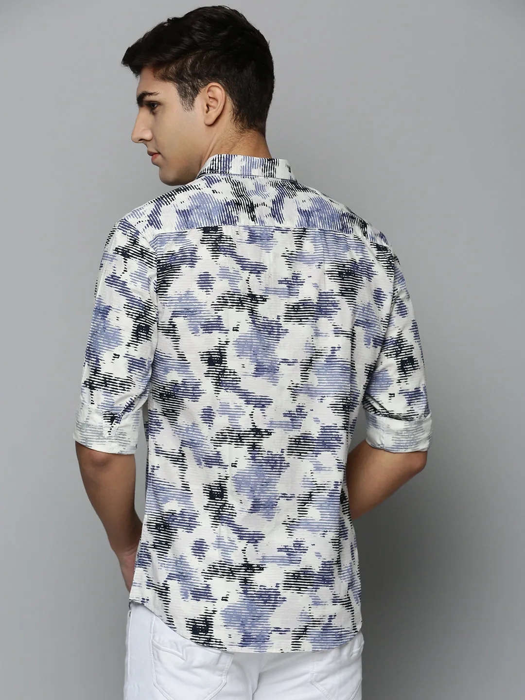 Men Off White Printed Casual Cotton Shirt