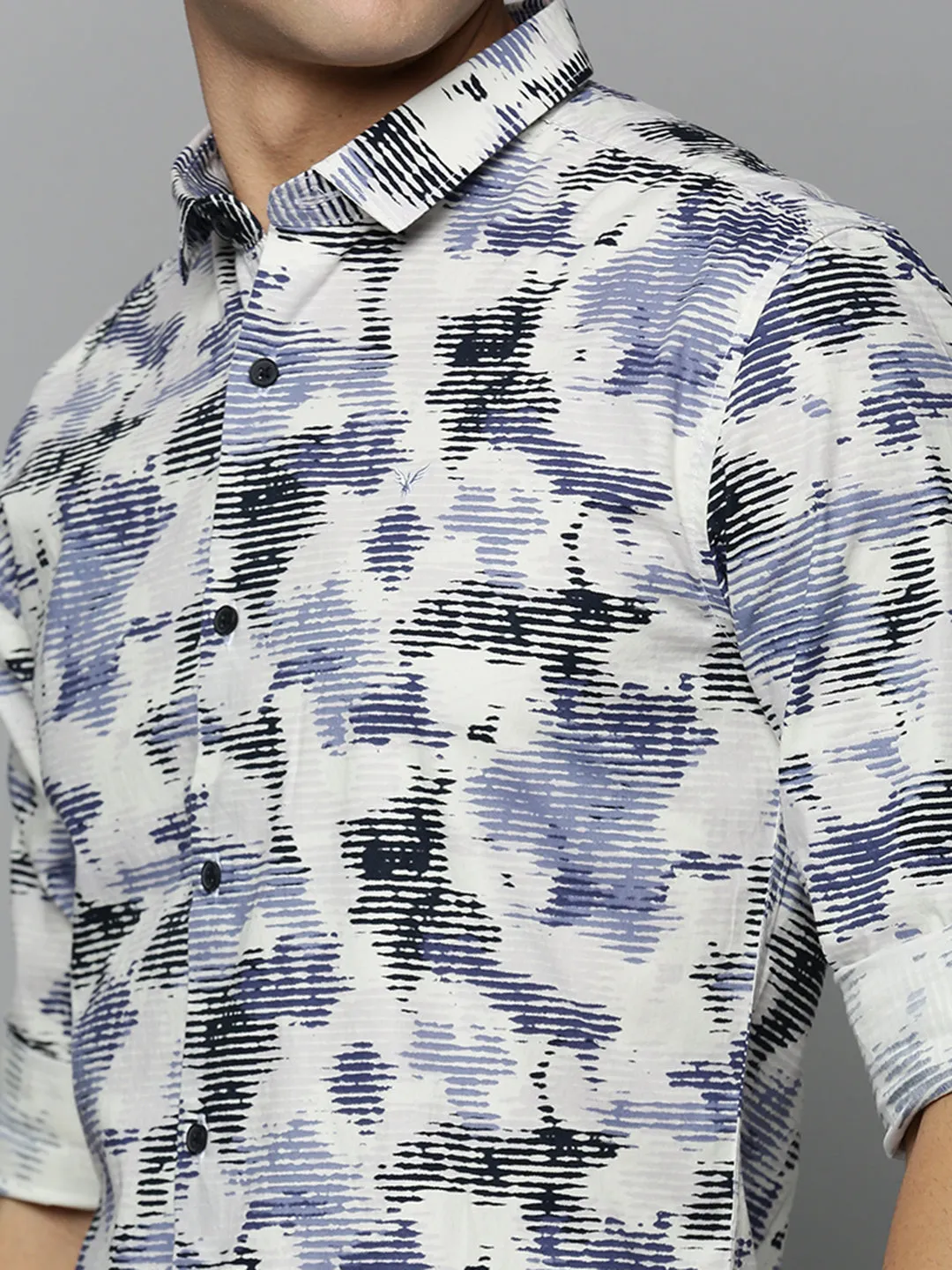 Men Off White Printed Casual Cotton Shirt
