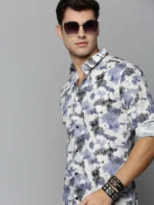 Men Off White Printed Casual Cotton Shirt