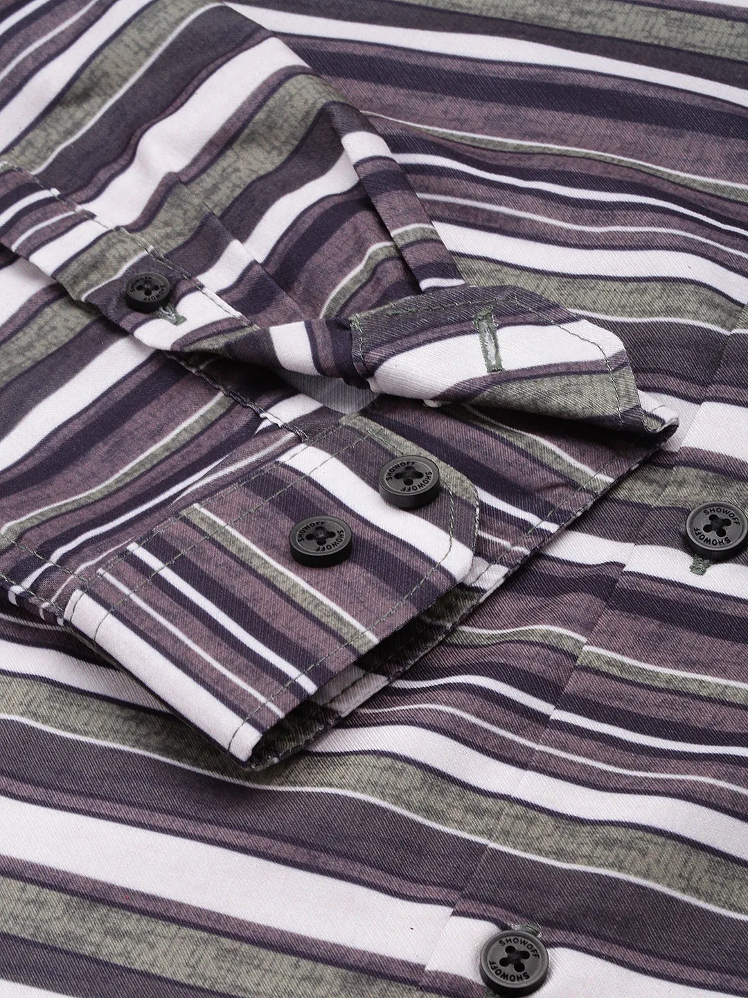 Men Olive Classic Horizontal Striped Twill Casual Shirt
