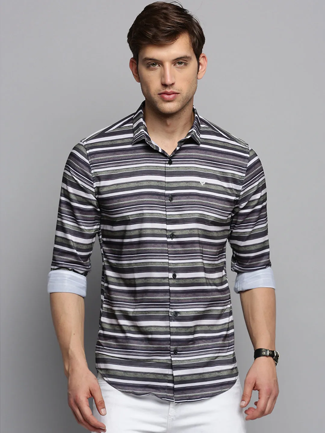 Men Olive Classic Horizontal Striped Twill Casual Shirt