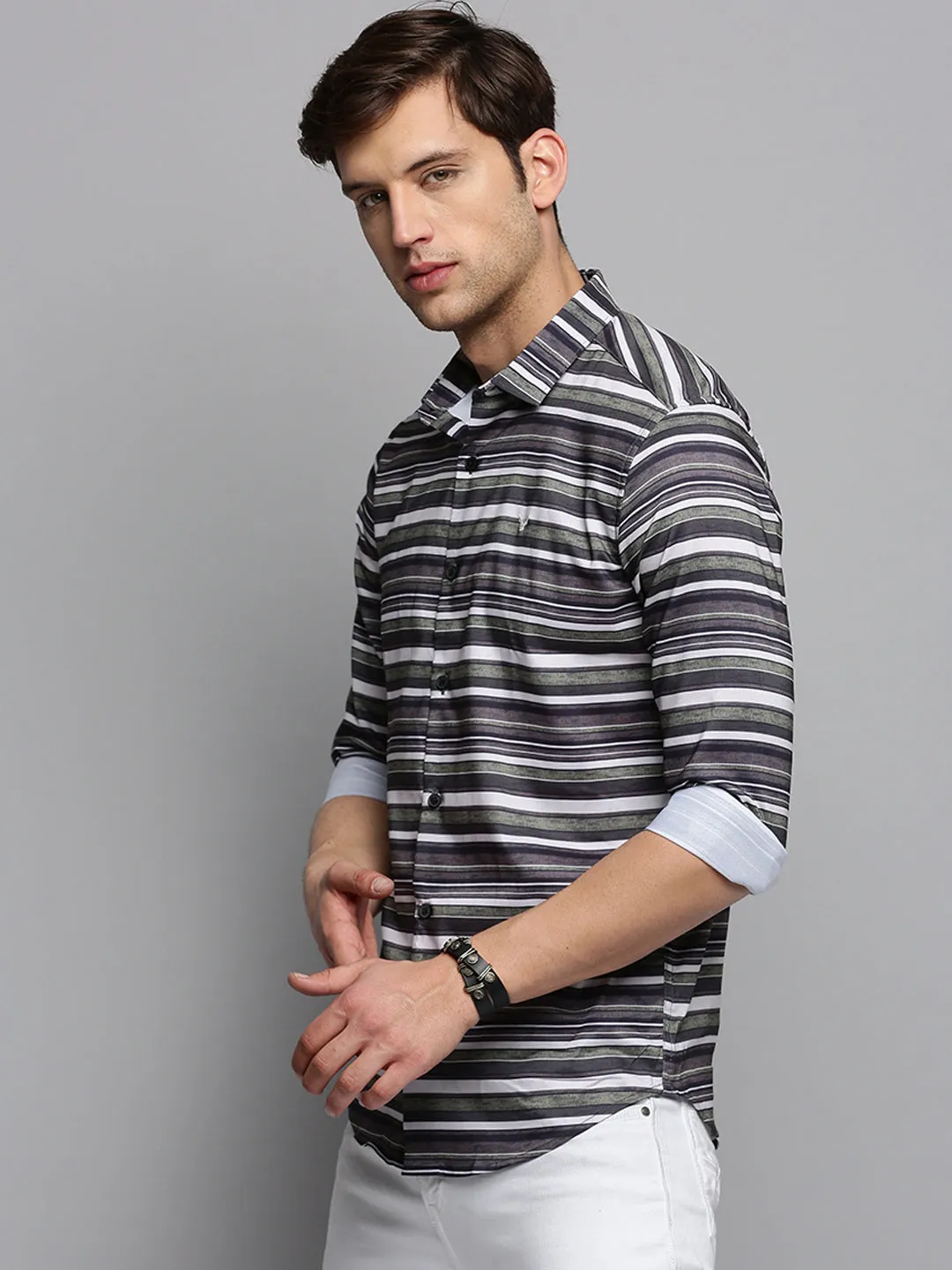 Men Olive Classic Horizontal Striped Twill Casual Shirt