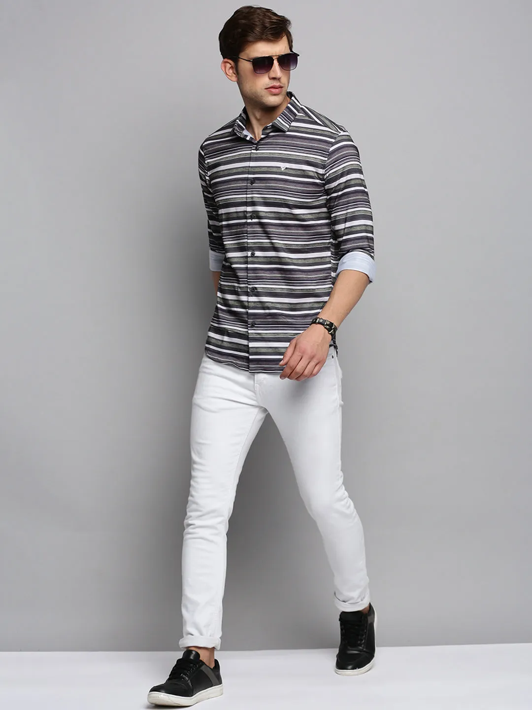 Men Olive Classic Horizontal Striped Twill Casual Shirt