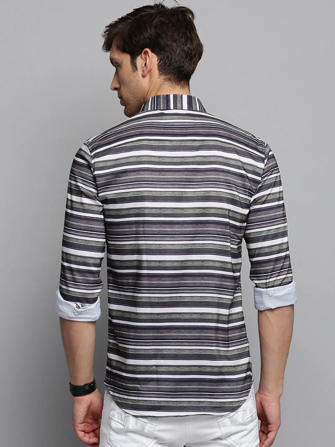 Men Olive Classic Horizontal Striped Twill Casual Shirt