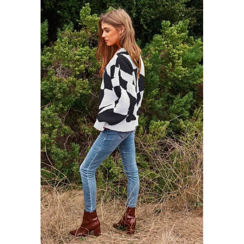 Multi Geo Checker Pullover Knit Sweater Top