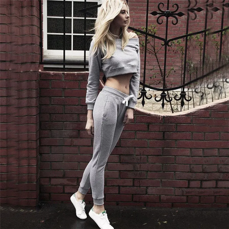 Off Shoulder Solid Color Navel Crop Top Pants Activewear