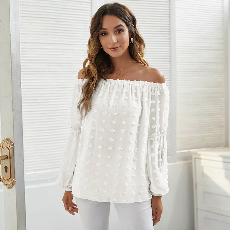 One-Neck Elegant Jacquard Solid Color Long-Sleeved Chiffon Blouses Wholesale Women Top