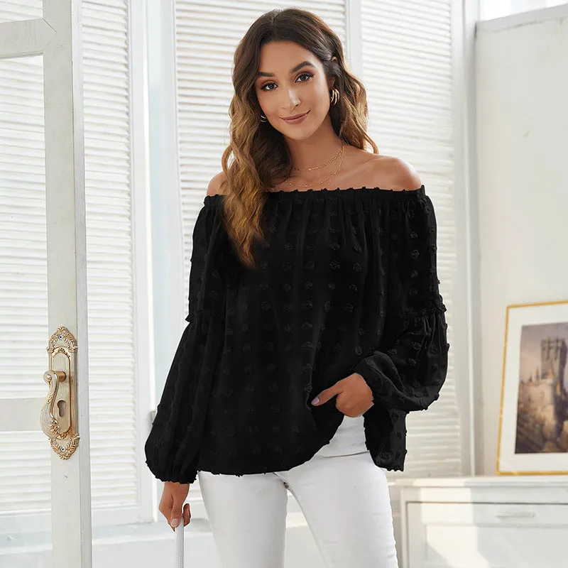 One-Neck Elegant Jacquard Solid Color Long-Sleeved Chiffon Blouses Wholesale Women Top