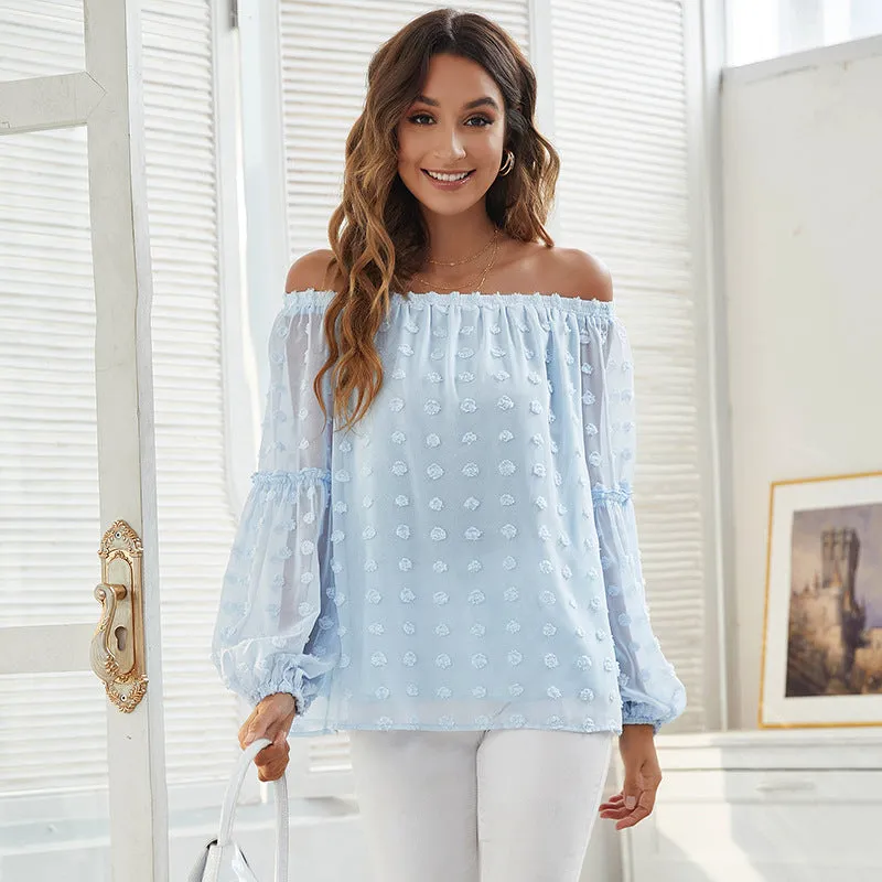 One-Neck Elegant Jacquard Solid Color Long-Sleeved Chiffon Blouses Wholesale Women Top