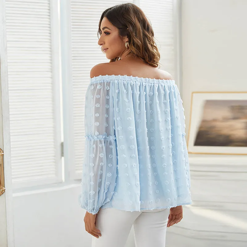 One-Neck Elegant Jacquard Solid Color Long-Sleeved Chiffon Blouses Wholesale Women Top