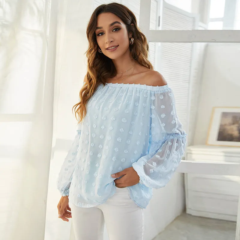 One-Neck Elegant Jacquard Solid Color Long-Sleeved Chiffon Blouses Wholesale Women Top