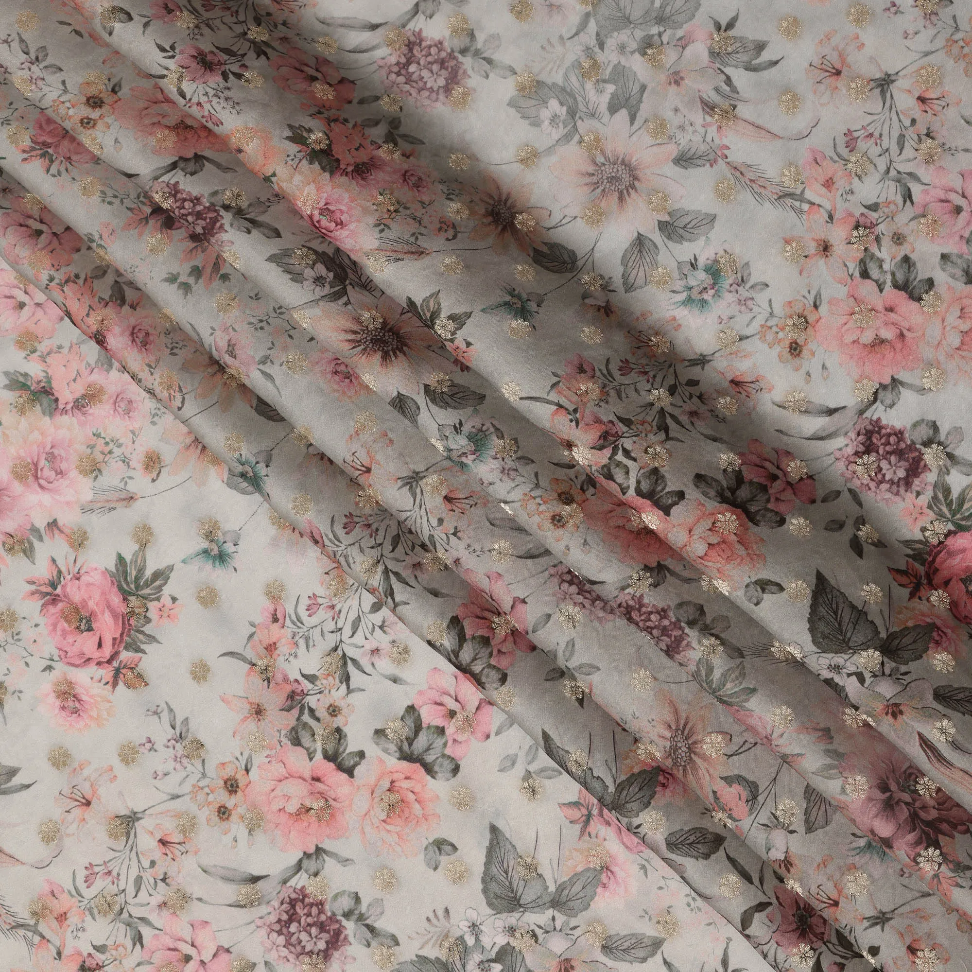 Pale Grey Pink Floral Synthetic Organza Satin Fabric, 110 cm Wide, Made in India-D20981