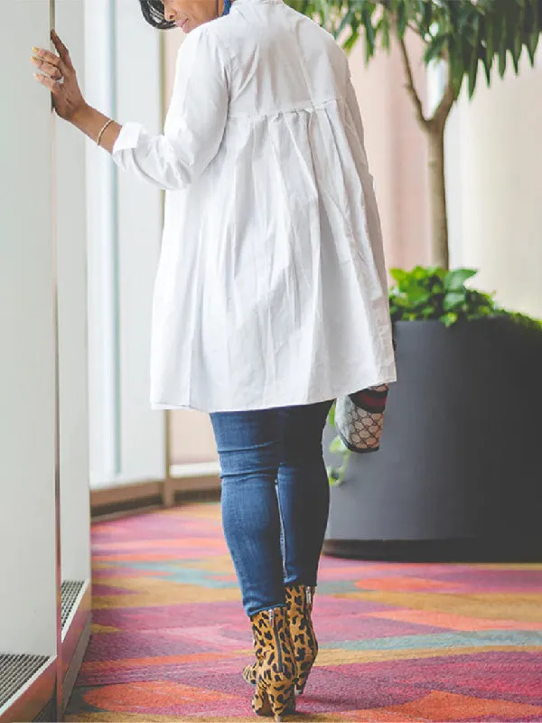 Pleated Solid Color Split-Joint Long Sleeves High-neck T-Shirts Tops