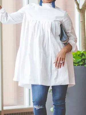 Pleated Solid Color Split-Joint Long Sleeves High-neck T-Shirts Tops