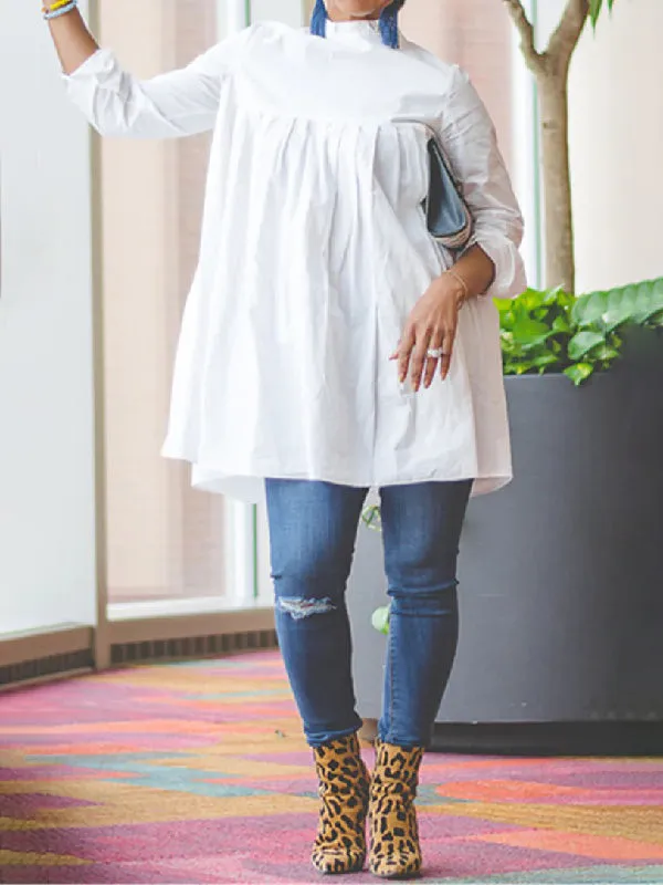 Pleated Solid Color Split-Joint Long Sleeves High-neck T-Shirts Tops