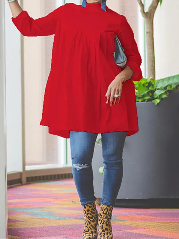 Pleated Solid Color Split-Joint Long Sleeves High-neck T-Shirts Tops