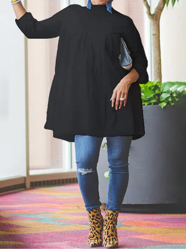 Pleated Solid Color Split-Joint Long Sleeves High-neck T-Shirts Tops