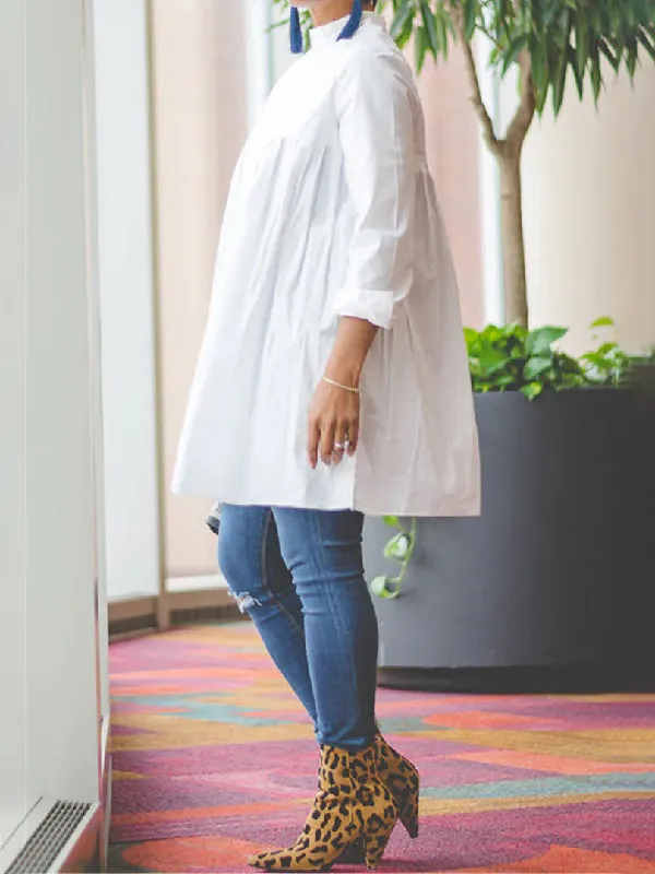 Pleated Solid Color Split-Joint Long Sleeves High-neck T-Shirts Tops