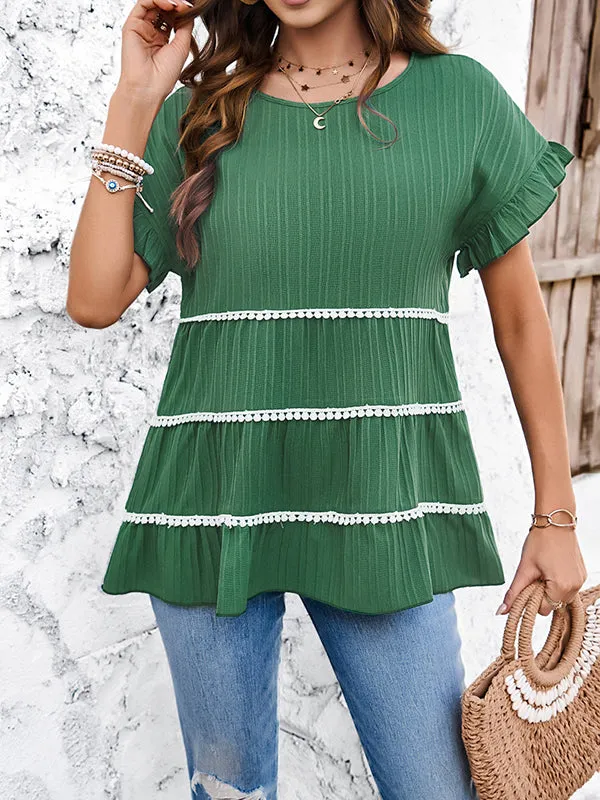 Pleated Split-Joint Tasseled Flared Sleeves Loose Round-Neck T-Shirts Tops
