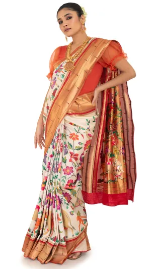 Red Bordered Elegant Saree with Vivid Flora and Fauna