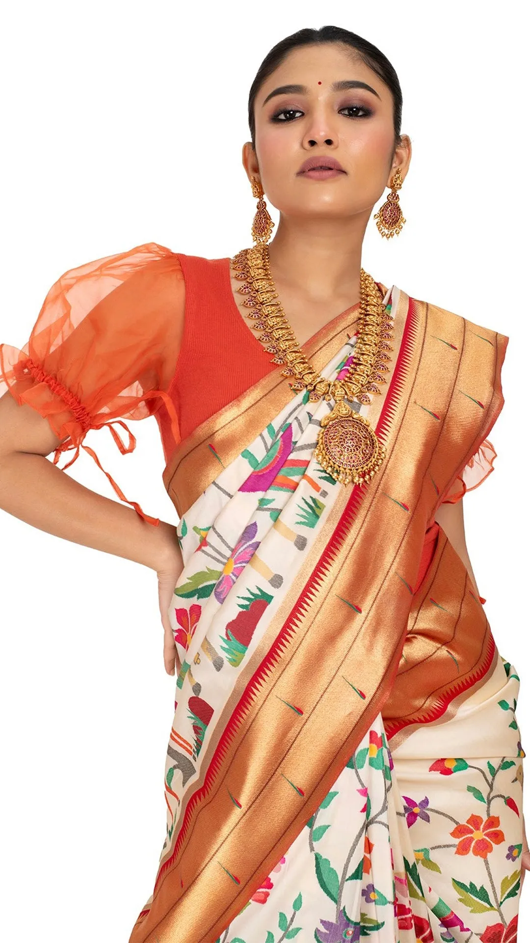 Red Bordered Elegant Saree with Vivid Flora and Fauna