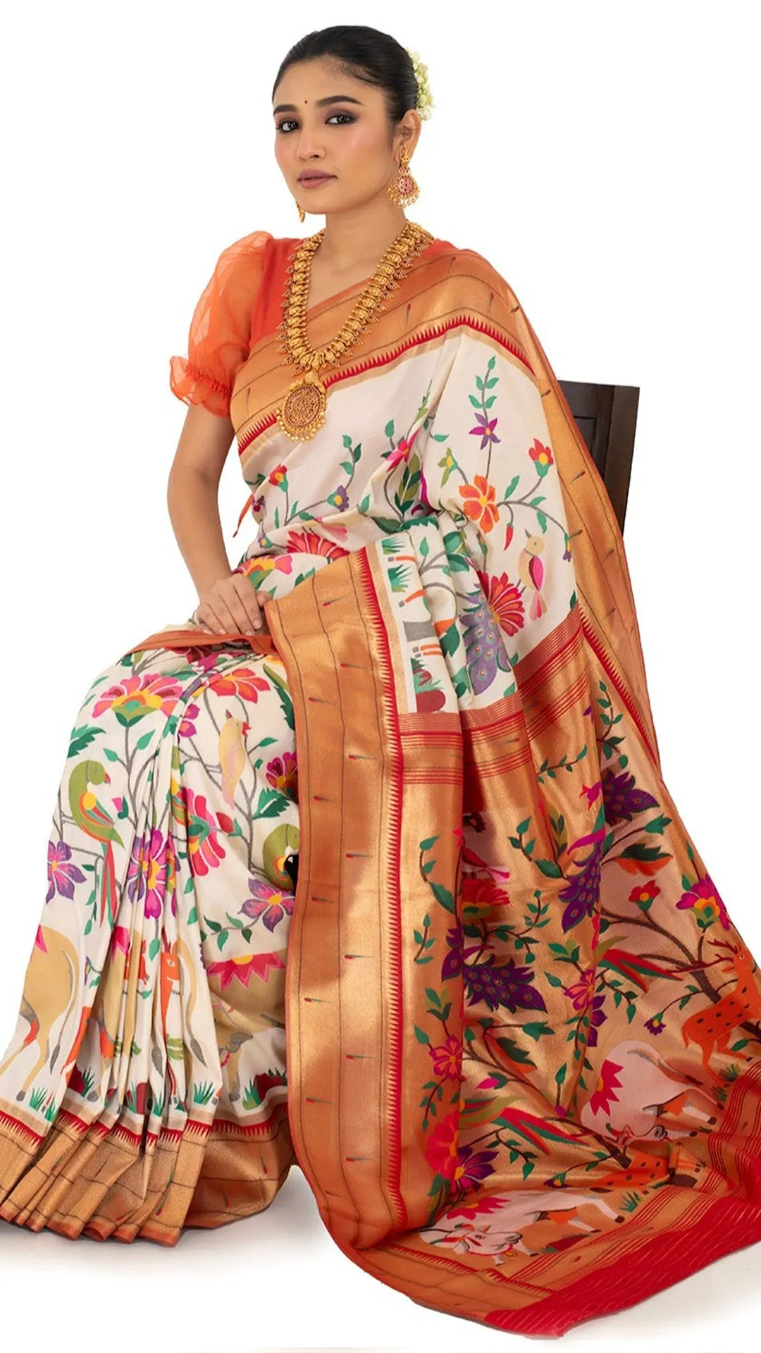 Red Bordered Elegant Saree with Vivid Flora and Fauna