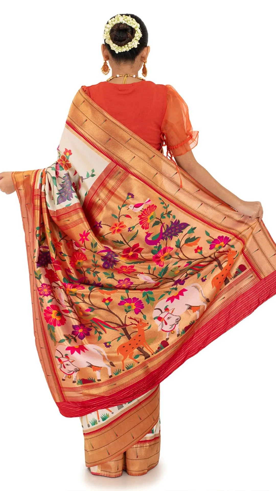 Red Bordered Elegant Saree with Vivid Flora and Fauna