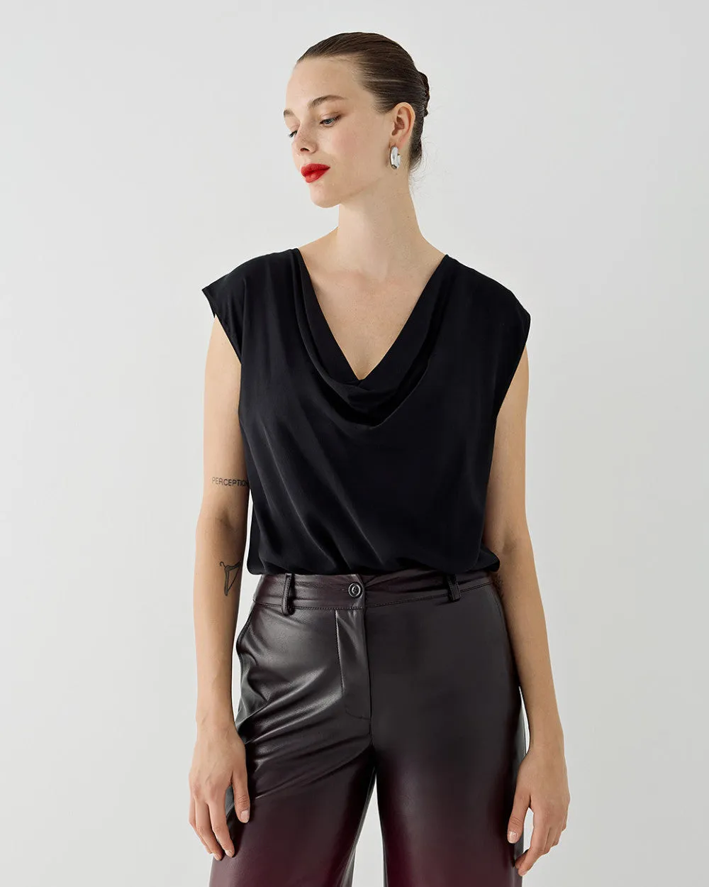 SALE Sleeveless Top with a Draped Neckline-Black