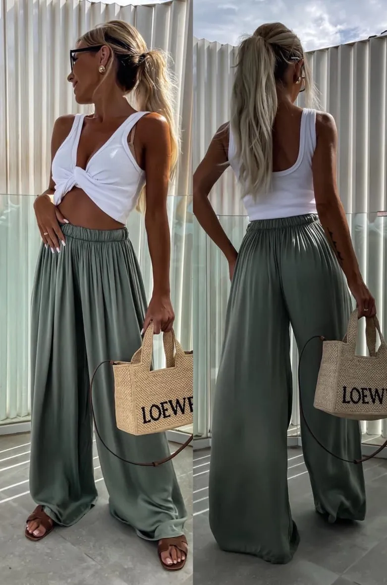 Satin Effect Italian Viscose Wide Leg Trousers One Size