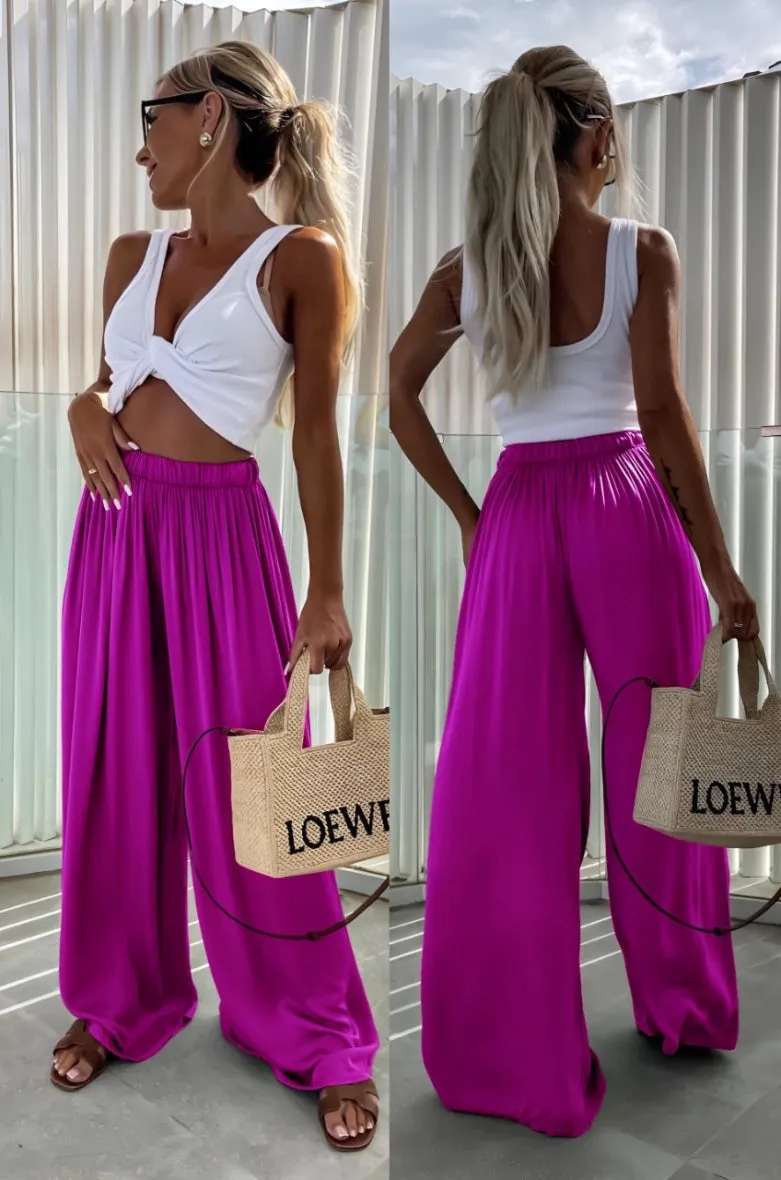 Satin Effect Italian Viscose Wide Leg Trousers One Size