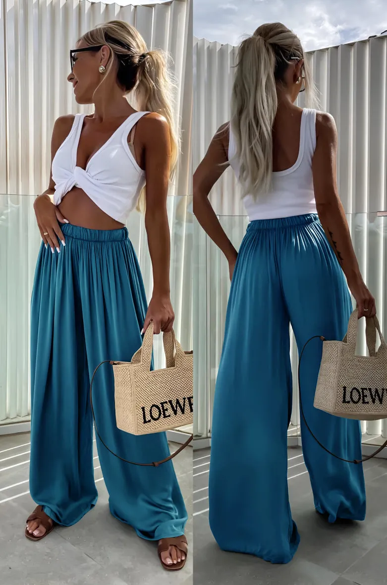 Satin Effect Italian Viscose Wide Leg Trousers One Size